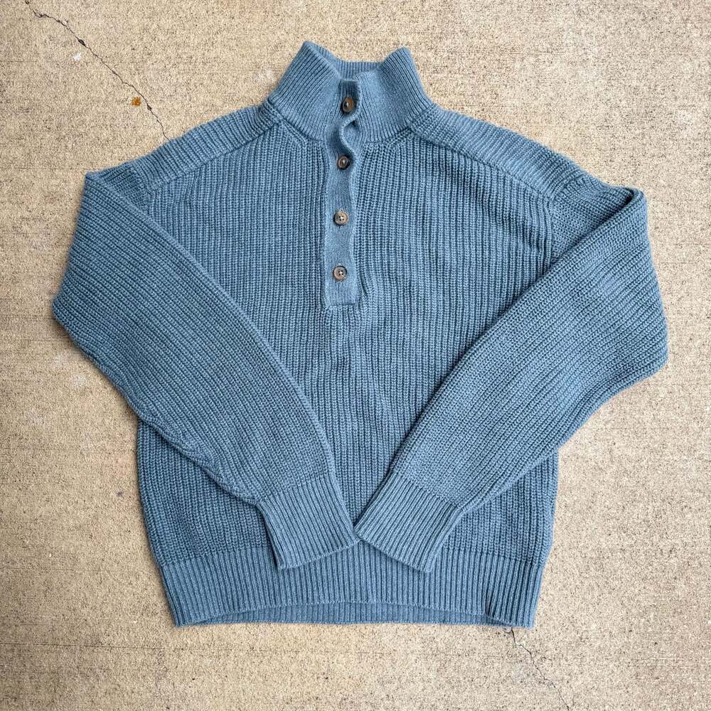 Pact Organic Cotton Ribbed Mock Neck Henley Sweater Blue Medium